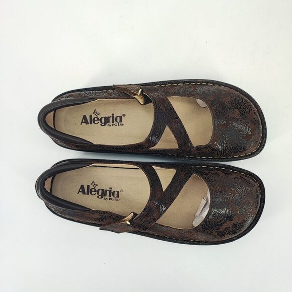 Alegria Women's Floral Embossed Mary Jane Brown Leather Flats Size 8 - Picture 4 of 8
